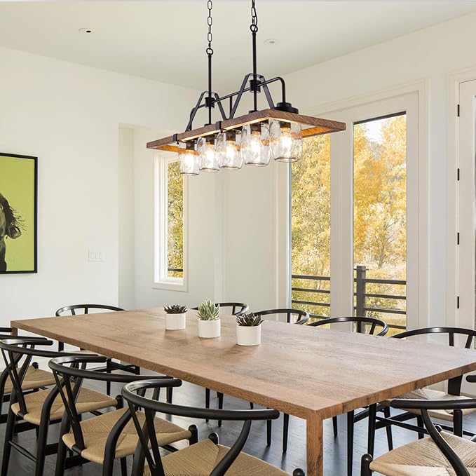 Wellmet Kitchen Island Chandelier, Mason Jar Pendant Light Dining Room, 5-Light Wooden Paint Pendant Light for Living Room, Dining Table, Kitchen, Hallway, Restaurant, 39.3''W