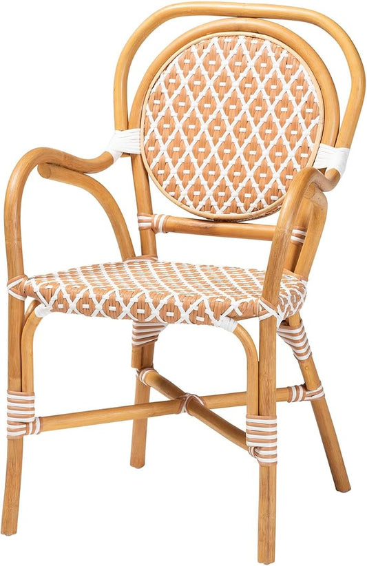 Bali & pari Mattie Rattan Bistro Chair - Handwoven Cafe-Style Dining Chair with Curved Arms for Kitchen Island or Indoor/Outdoor Lounge, Honey Natural & White
