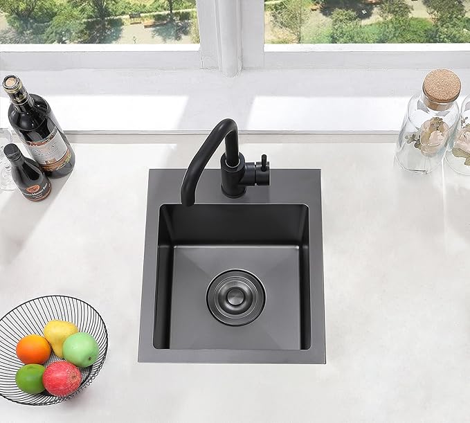 Comllen 15”x15” Black Drop In Bar Sink, Stainless Steel Small Kitchen Sink Single Bowl, Gunmetal Black Sinks for Outdoor Wet Bar Prep RV Yard Office Laundry Utility with Strainer Drain