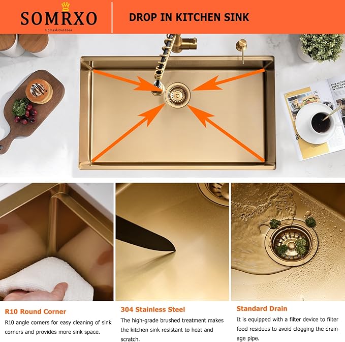32×19 Undermount Kitchen Sink Gold - 16 Gauge Stainless Steel Gold Kitchen Sink Undermount,10 Inch Deep Single Bowl Workstation Sinks Include Accessories,Heavy-Duty for Large Modern Kitchens
