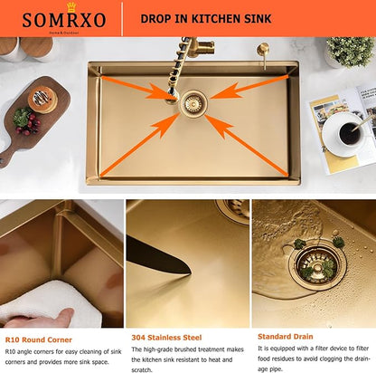 32×19 Undermount Kitchen Sink Gold - 16 Gauge Stainless Steel Gold Kitchen Sink Undermount,10 Inch Deep Single Bowl Workstation Sinks Include Accessories,Heavy-Duty for Large Modern Kitchens