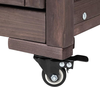 YOPTO Versatile 66.5" Outdoor Grill Cart for Big Green Egg,100% Fir Wood,Stainless Steel Top,Ample Storage,Weatherproof,6 Lockable Wheels,Dark Brown