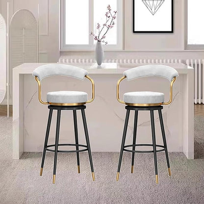 Swivel stools 1PC, Velvet Upholstered Stools with Hollow Back, Metal Chair Legs & Footrest for Kitchen Island Dining Room Pub Home, Seat Height 65cm, Black (White Seat Height 75cm