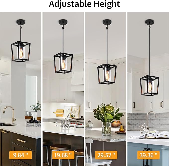 2 Pack Black Pendant Lights Kitchen Island, Farmhouse Pendant Light Fixtures with Glass Shade, Modern Kitchen Island Lighting Metal Cage Hanging Light for Hallway Entryway Dining Room Bathroom Foyer