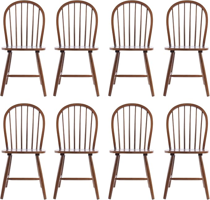 chairus Farmhouse Walnut Dining Chairs Set of 8, Windsor Wooden Dining Room Chairs with Spindle Bow Back, Modern Cottage Armless Side Kitchen Chairs