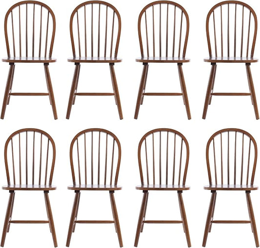 chairus Farmhouse Walnut Dining Chairs Set of 8, Windsor Wooden Dining Room Chairs with Spindle Bow Back, Modern Cottage Armless Side Kitchen Chairs