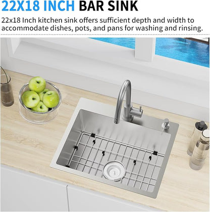 22x18 Inch Kitchen And Bar Sink - Stainless Steel Drop In Small Single Bowl Kitchen Sink With Bottom Grid,Soap Mat And Drain Assembly Set