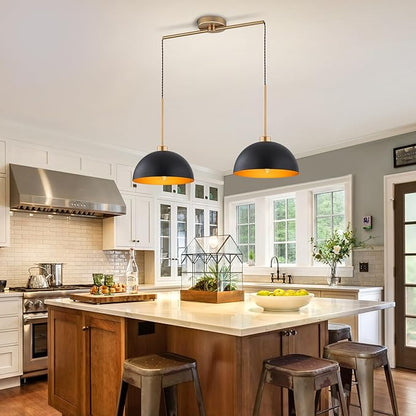 Farmhouse Pendant Lights Kitchen Island, 2 Light Black and Gold Dome Pendant Light, Industrial Modern Kitchen Island Lighting for Dining Room, Restaurant, Cafe, Bar