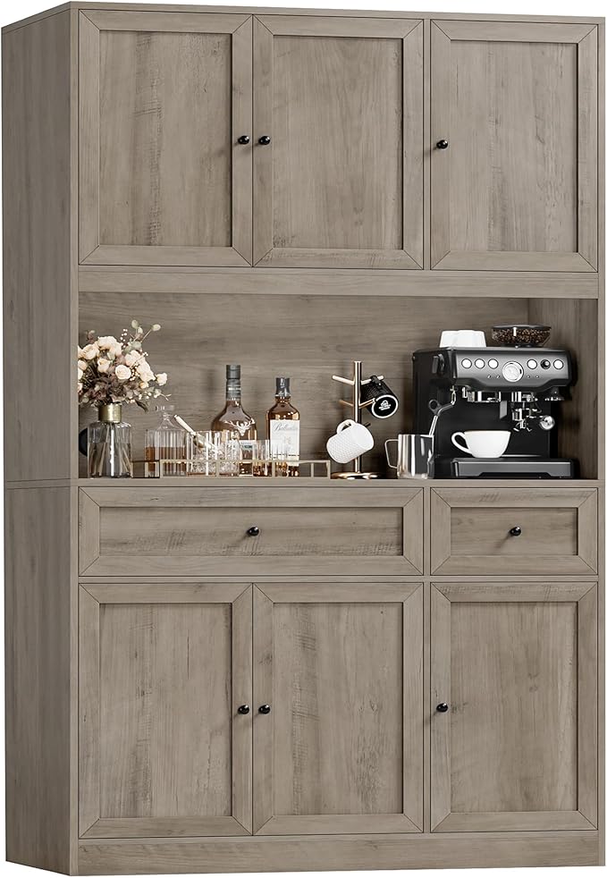 BOTLOG 72" Kitchen Pantry Cabinet, Kitchen Hutch with Microwave Stand, Buffet Cabinet with Hutch for Dining Room, Ash Gray