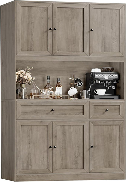 BOTLOG 72" Kitchen Pantry Cabinet, Kitchen Hutch with Microwave Stand, Buffet Cabinet with Hutch for Dining Room, Ash Gray