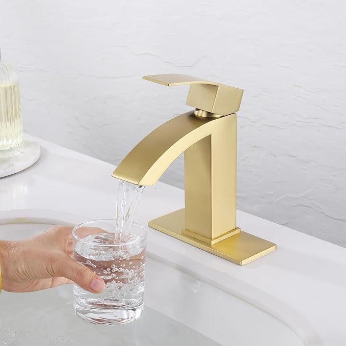 Gold Bathroom Faucet, Waterfall Bathroom Sink Faucet with cUPC Supply Hose and Pop Up Drain, Single Handle Single Hole Modern Faucet for Bathroom Vanity