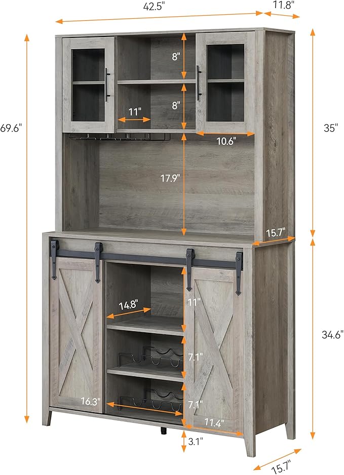 IDEALHOUSE 70'' Wine Coffee Bar Cabinet with Storage Hutch, Tall Kitchen Pantry Liquor Cabinet with Sliding Barn Doors, Bottle Glasses Rack, Farmhouse Buffet for Home Dining Room, Gray Oak