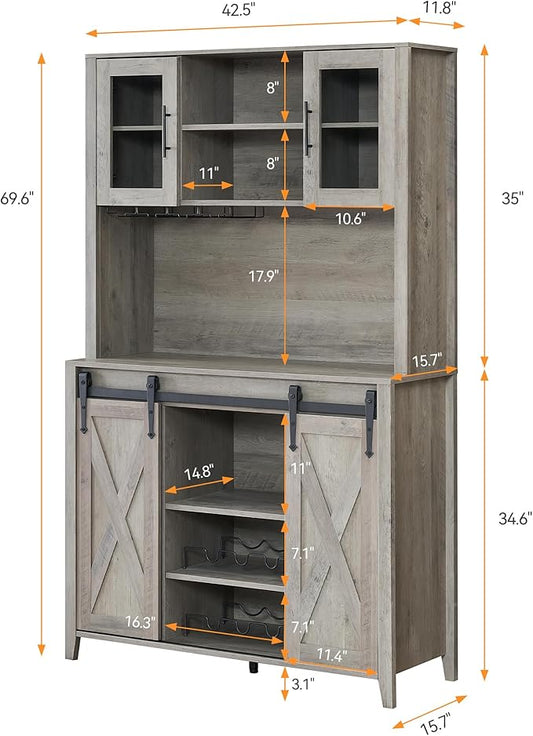 IDEALHOUSE 70'' Wine Coffee Bar Cabinet with Storage Hutch, Tall Kitchen Pantry Liquor Cabinet with Sliding Barn Doors, Bottle Glasses Rack, Farmhouse Buffet for Home Dining Room, Gray Oak
