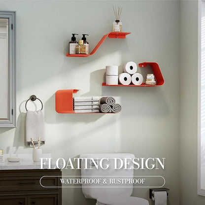 Sttoraboks Floating Wall Shelves Set of 3, Metal Mounted Shelf with Unique Design, Bookshelf for Storage & Display in Bathroom, Bedroom, Kitchen, Living Room, Orange Home Decor