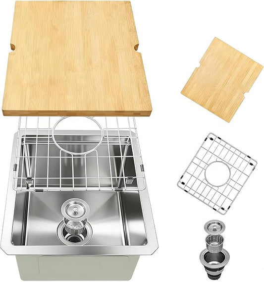 Undermount Bar Sink, 16 Gauge 304S Stainless Steel Workstaion Sink with Accessories, 15" x 17" x 10" Small Kitchen SinkS for Outdoor, RV,Prep Sink, Bathroom and Wet Bar