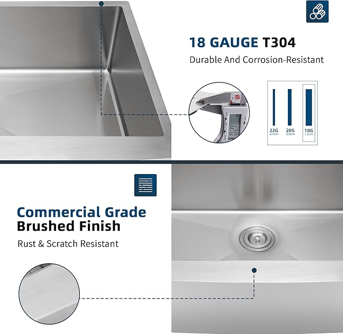 30"x 21" Farmhouse Kitchen Sink, ALWEN 18 Gauge Handmade Stainless Steel Apron-front Single Bowl Farm Sink with Accessories