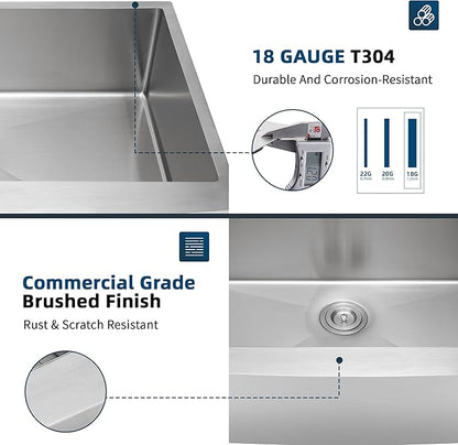 30"x 21" Farmhouse Kitchen Sink, ALWEN 18 Gauge Handmade Stainless Steel Apron-front Single Bowl Farm Sink with Accessories