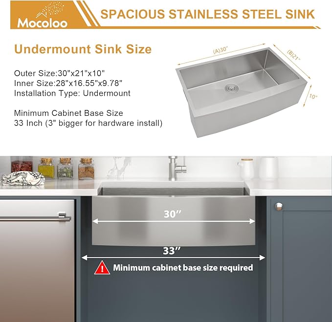 Mocoloo 30 Stainless Farmhouse Sink - 30x21 Inch Apron Front Farm Kitchen Sink Stainless Steel Single Bowl 16 Gauge Deep Handmade Basin