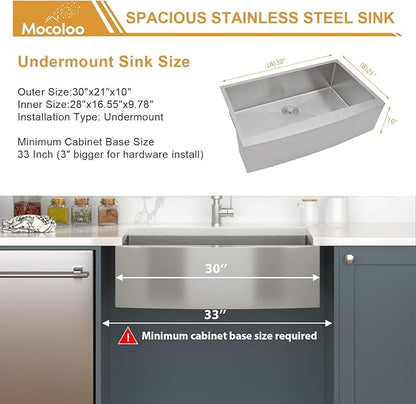 Mocoloo 30 Stainless Farmhouse Sink - 30x21 Inch Apron Front Farm Kitchen Sink Stainless Steel Single Bowl 16 Gauge Deep Handmade Basin