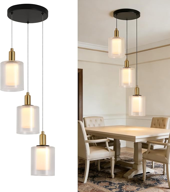 3-Light Modern Pendant Light, Black and Gold Cluster Chandelier with Ribbed Glass Shades, 18W Integrated LED 3000K Warm White, Adjustable Hanging Fixture for Kitchen Island Dining Room Stairway