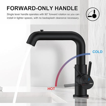 KENES Matte Black Bathroom Faucet with Pull Down Sprayer, Single Handle Bathroom Sink Faucet with Pull Out Sprayer, Vanity Bar Faucet with Pop Up Drain & Deck Plate, LJ-9055A-2