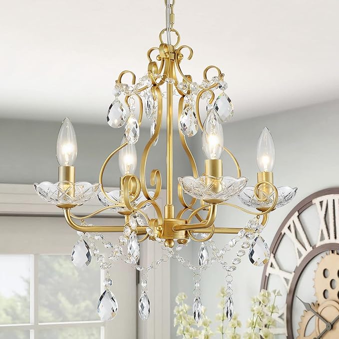 WUZUPS Crystal Candle Chandelier Pendant Flushmount Ceiling Light Modern Lighting Fixture for Bedroom Hallway Bar Kitchen Bathroom, H 14" x W 16", Gold, E12 Base
