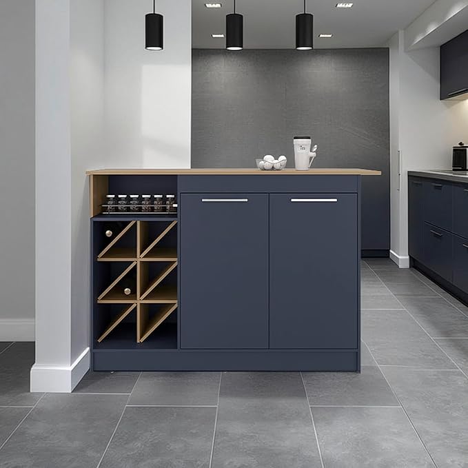 GOWE Harrell Kitchen Island, 2 Doors, 7 Shelves, Alby Blue/Natural Oak