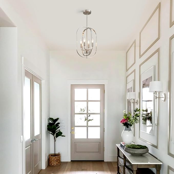 XINGQI 12.2" Modern Brushed Nickel Chandelier Farmhouse 4-Light for Dining Room Small Geometric Adjustable Rustic Pendant Lighting Fixture for Entryway Living Room Kitchen Foyer