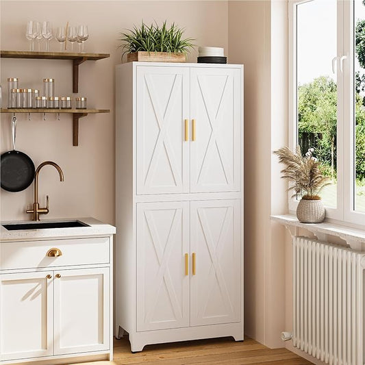 75" H Metal Storage Cabinet,31.5" Wide by 15.8" Deep Pantry Cabinet with 2 Adjustable Shelves,Farmhouse Cabinet for Bathroom Living Room Dining Room Kitchen,White