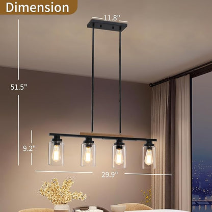 Dining Room Light Fixture Over Table,Farmhouse 4-Light Kitchen Island Lighting,Modern Wood Chandeliers for Dining Room with Adjustable Height,Industrial Black Kitchen Pendant Hanging Lights