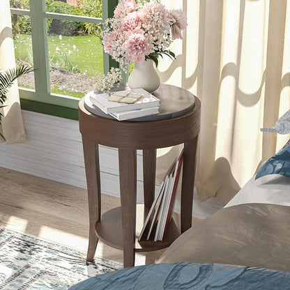 SUNBURY Farmhouse End Table with Open Storage Shelves, 16" W Round Wood Side Table, MDF Accent Nightstand for Living Room, Bedroom, and Dining Room (Dark Gray & Rustic Brown)