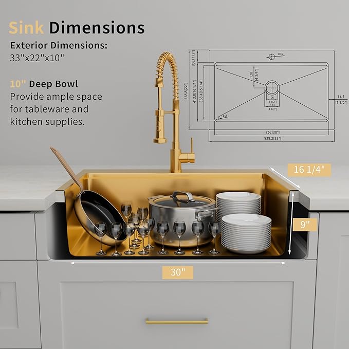 33 Inch Farmhouse Gold Sink, 16 Gauge 304 Stainless Steel Farm Sinks, Drop In Topmount Single Bowl Workstation Sink with all Accessories, 33" x 22" x 10" Large and Deep Kitchen Sink