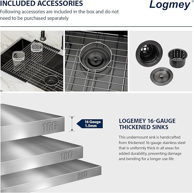 Logmey 32 Black Undermount Kitchen Sink - 32x18 Inch Kitchen Sink Stainless Steel Undermount Sink 16 Gauge Single Bowl Under Counter Kitchen Sink