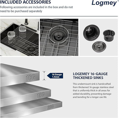 Logmey 32 Black Undermount Kitchen Sink - 32x18 Inch Kitchen Sink Stainless Steel Undermount Sink 16 Gauge Single Bowl Under Counter Kitchen Sink