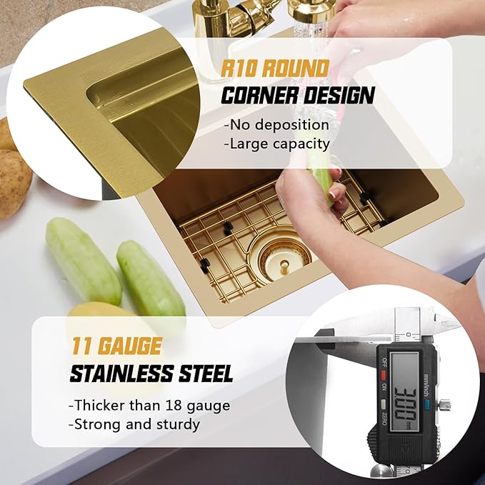 Gold Kitchen & Bar Sink Workstation, 15"x15" Stainless Steel Drop-In Single Bowl With Gold-Tone Accessories - Stylish and Luxurious Look for Kitchens