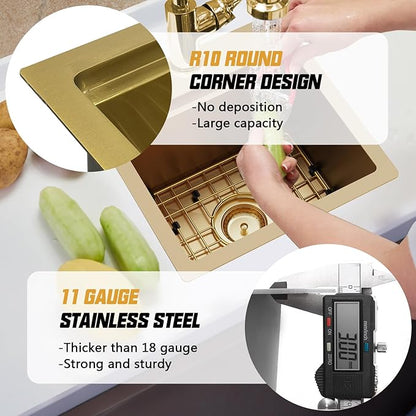 Gold Kitchen & Bar Sink Workstation, 15"x15" Stainless Steel Drop-In Single Bowl With Gold-Tone Accessories - Stylish and Luxurious Look for Kitchens