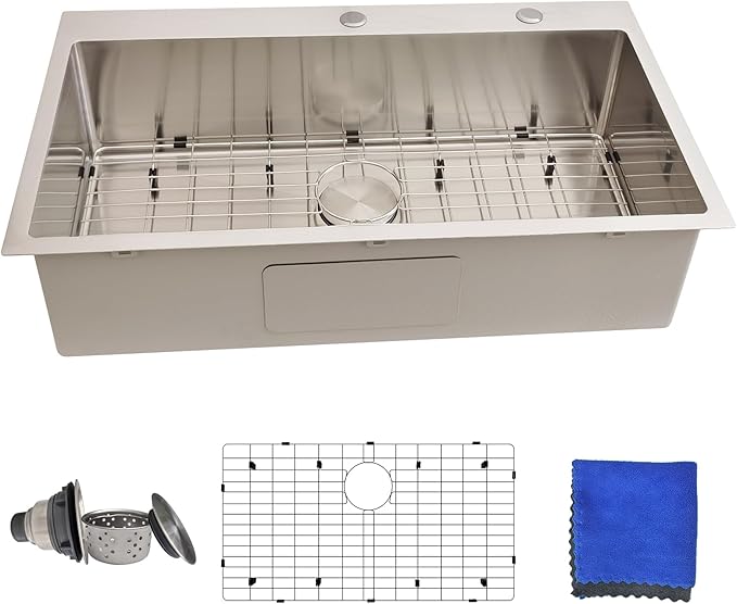 33x19 Drop in Kitchen Sink - Delironexu 16 Gauge Stainless Steel Sinks Top Mount, 33 Inch Drop in Kitchen Sink Single Bowl with 3 Accessories Package