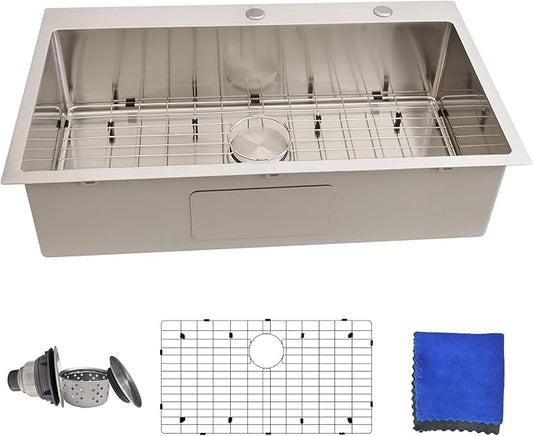 33x19 Drop in Kitchen Sink - Delironexu 16 Gauge Stainless Steel Sinks Top Mount, 33 Inch Drop in Kitchen Sink Single Bowl with 3 Accessories Package