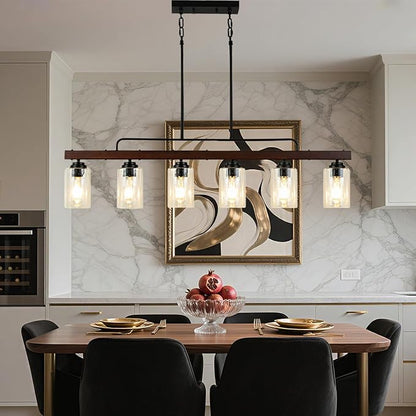 COTULIN 6-Light Farmhouse Kitchen Island Lighting, Dining Room Light Fixture, Rustic Wood Linear Chandelier Hanging, Black Pendant Light with Adjustable Rods and Seeded Glass Shades