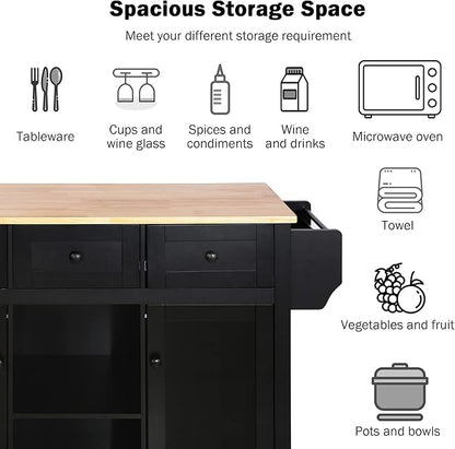 GDFStudio Hakf Kitchen Cart with Rubberwood Tabletop, Kitchen Island on 5 Wheels with Storage Cabinet, 3 Drawers for Dinning Room, Cabinet Door Internal Storage Racks, Spice Rack Bar Table, Black