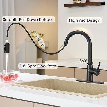 Matte Black Kitchen Faucet with Pull Down Sprayer, High Arc Single Handle Stainless Steel 1 or 3 Hole Faucet for Kitchen Sink, Farmhouse, RV, Laundry, Bar, Outdoor