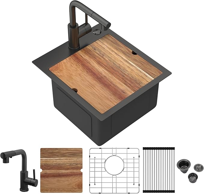 15 Inch Black Drop In Bar Sink Outdoor Kitchen Sink Workstation 16 Gauge Stainless Steel Single Bowl Small Sinks With Pull-out Faucet 15"x17"x9"