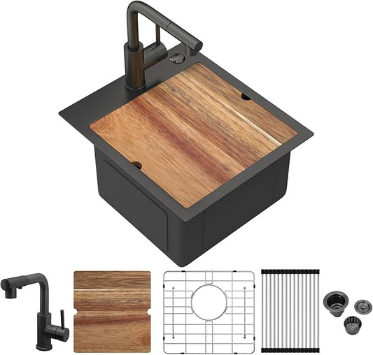 15 Inch Black Drop In Bar Sink Outdoor Kitchen Sink Workstation 16 Gauge Stainless Steel Single Bowl Small Sinks With Pull-out Faucet 15"x17"x9"