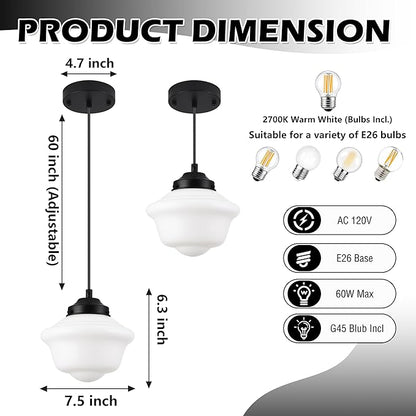 Black Schoolhouse Light Fixture 8" Milk Glass Pendant Light Schoolhouse Pendant Light Milk Glass Light Fixture Mid Century Pendant Light for Bedroom Bathroom Kitchen Hallway (Bulb Incl.)