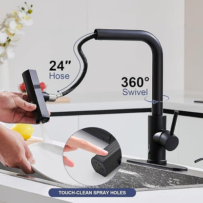 AVSIILE Matte Black Touchless Kitchen Faucets with Pull Down Sprayer & Soap Dispenser, Waterfall Single Hole & Handle, Pull Out Sink Faucet, Suitable for Farmhouse Camper Laundry Rv Bar