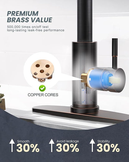 Oil-Rubbed Bronze Kitchen Faucet with Soap Dispenser, WOWOW Stainless Steel Kitchen Faucets for Sink, Pull Down Kitchen Faucet Single Handle High Arc Kitchen Sink Faucet with Deck-Plate