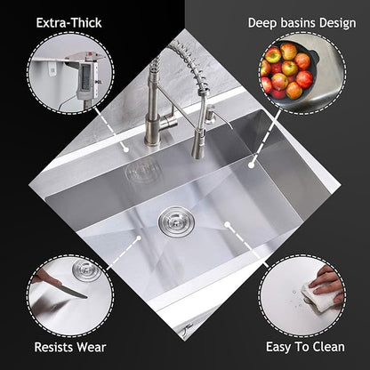 HOTIS 33x22 Drop In Kitchen Sink, Topmount Stainless Steel Brushed Nickel Single Bowl Sink, Extra-thick 16 Gauge For RV Kitchen Laundry Utility with Dish Grid