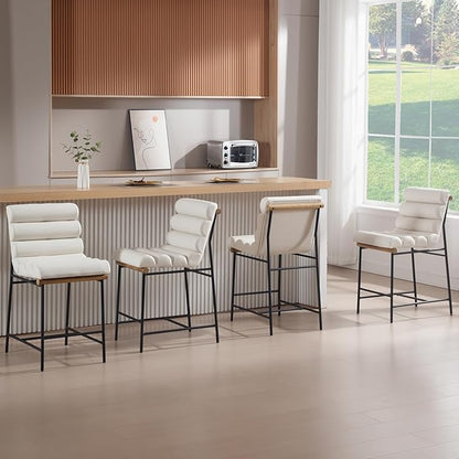 White Pu Leather Bar stools Set of 6, 25” Modern Upholstered Counter stools with Black Metal Legs, Armless Counter Height Chairs with Channel Tufted Back for Kitchen Island Home Pub