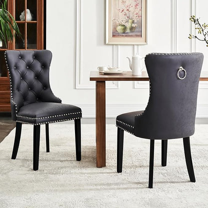 Eifizek Leather Dining Chair Set of 2, Dining Room Chairs with Nailhead Ring Pull Trim, Upholstered Dining Chairs with Solid Wood Legs for Kitchen Dining Room (Black)