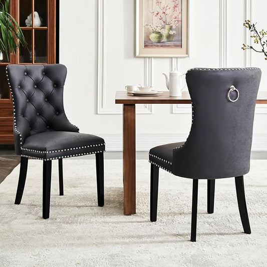 Eifizek Leather Dining Chair Set of 2, Dining Room Chairs with Nailhead Ring Pull Trim, Upholstered Dining Chairs with Solid Wood Legs for Kitchen Dining Room (Black)
